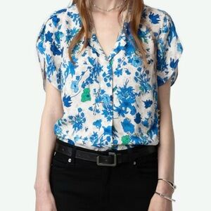 Zadig & Voltaire Tiffiny floral-print crepe blouse - Lace trim - Size XS - EUC